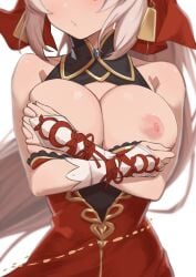 1girls aliza_(granblue_fantasy) breasts breasts_out covering_breasts dress_pull exposed_breasts eyes_out_of_frame female_focus granblue_fantasy large_breasts long_hair morisobo nipples silver_hair simple_background solo white_background