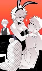 1girls 2boys anger_vein bakugou_katsuki bakugou_masaru bakugou_mitsuki black_couch blonde_female blush bowtie bunny_ears bunny_girl bunny_tail bunnysuit cleavage couch couple dominant_female female fishnet_stockings fishnets glasses husband_and_wife katsuki_bakugou ko_koyap kopam_ko leotard married_couple masaru_bakugou mitsuki_bakugou my_hero_academia parent_and_child parent_and_son parents partially_colored red_eyes spiky_hair submissive_male tick_mark