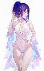 1girls bewitching_thighs big_breasts breasts cleavage curvy female female_only genshin_impact large_breasts necklace purple_eyes purple_hair qiandai qiandaiyiyu raiden_shogun solo solo_female swimsuit swimwear thick_thighs thigh_gap wet_hair