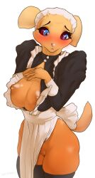 anthro bandai_namco big_breasts black_sclera blue_eyes blush breasts canid canine clothing digimon digimon_(species) female fur genitals glistening glistening_body glistening_breasts glistening_eyes glistening_genitalia glistening_skin hi_res looking_away looking_down maid_apron maid_headdress maid_uniform mammal nipples pussy renamon sackrany simple_background solo tagme uniform yellow_body yellow_fur