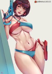 1girls amber_eyes bikini black_hair cleavage clothing dual_wielding evie_(fortnite) female female_only firearm fit_female fortnite handgun holding_weapon human kachima large_breasts lipstick neckwear pale_skin revealing_clothes short_hair skimpy_clothes sunglasses_on_head swimwear underboob voluptuous weapon wristwear