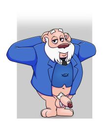 2022 absurd_res anthro balls beard clothing colonel_k danger_mouse_(series) facial_hair genitals hi_res humanoid_genitalia humanoid_penis male mammal mature_male necktie neenya overweight overweight_male penis pubes shirt simple_background solo topwear ursid