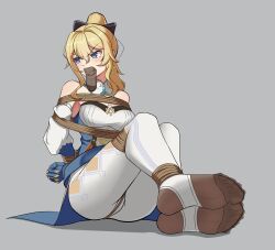 angry arms_tied_behind_back artist_request blonde_hair blue_eyes blush bondage bound_ankles bound_legs crotch_rope gag gagged genshin_impact improvised_gag jean_gunnhildr sock_in_mouth stuffed_mouth_gag