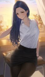 1girls bare_shoulders blue_hair breasts clothing desk female fully_clothed hara_kenshi hi_res human humanoid long_hair looking_at_viewer mature_female milf necklace original pantyhose pencil_(artwork) school seductive seductive_look seductive_smile skirt sleeveless smile solo solo_female solo_focus teacher thick_thighs thighs window yellow_eyes