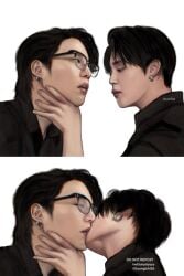 2boys asian asian_male big_lips bishonen black_hair bts closed_eyes earrings gay glasses hand_on_neck kiss kissing korean kpop male male_only min_yoon_gi park_ji_min white_body yaoi