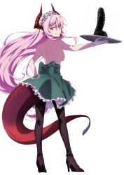 back_to_viewer bare_breasts bare_shoulders black_heels bow dildo echidna_(yuusha_yamemasu) edit frilly gloves green_clothing heels high_heel_boots high_heels highres horni_(edits) horns long_hair long_tail looking_at_viewer looking_back maid maid_headdress nude_filter pink_hair platter red_tail skirt smiling_at_viewer tagme tail topless topless_female waist_belt white_gloves yellow_eyes yuusha_yamemasu