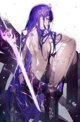 1girls back_view bewitching_thighs big_breasts breasts cleavage curvy female female_only genshin_impact glowing large_breasts looking_at_viewer looking_back necklace purple_eyes purple_hair qiandai qiandaiyiyu raiden_shogun sideboob solo solo_female sword thick_thighs