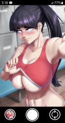 1girls blush breasts cleavage diskette ebino_mei embarrassed female female_only gym gym_uniform hatsukoi_zombie huge_breasts human large_breasts lifting_shirt locker_room recording schoolgirl selfie solo solo_female underboob