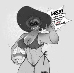 abs beach bikini black_bikini cameltoe chief_luggins dialog freckles ginger_hair gunk misty_luggins muscular_arms muscular_female nipple_bulge pubic_hair solo_female summer sunglasses sunhat tanlines teeth_gap the_bad_guys toned_female tooth_gap uncensored uncolored