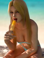 1girls 3d 3d_(artwork) beach bikini blonde_female blonde_hair blue_bikini blue_eyes blurry_background breasts dead_or_alive dead_or_alive_5 female female_focus helena_douglas highres large_breasts licking long_hair looking_at_viewer popsicle radianteld sitting suggestive_food summer swimsuit