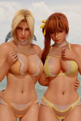 2girls 3d 3d_(artwork) big_breasts bikini blonde_female blonde_hair blue_eyes breasts brown_eyes brown_hair dead_or_alive dead_or_alive_5 female female_only helena_douglas highres kasumi_(doa) large_breasts looking_at_viewer navel ninja_gaiden ponytail radianteld side_ponytail swimsuit tied_hair water