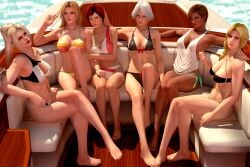 2018 3d 3d_(artwork) 6girls black_bikini black_hair blonde_female blonde_hair blue_eyes boat breasts brown_eyes brown_hair christie_(doa) cleavage crossed_legs dark-skinned_female dead_or_alive dead_or_alive_5 dead_or_alive_xtreme_beach_volleyball feet female female_only grey_eyes helena_douglas highres large_breasts legs legs_crossed light-skinned_female lipstick lisa_hamilton long_hair looking_at_viewer mila_(doa) multiple_girls ninja_gaiden ponytail rachel_(ninja_gaiden) radianteld red_hair short_hair sitting summer tina_armstrong two-tone_hair two_tone_hair very_long_hair white_hair