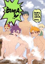 blonde_hair blue_hair camp_buddy hiro_akiba hunter_springfield looking_at_viewer male male_only muscular_male natsumi_hamasaki orange_hair public_bath purple_hair red_hair tagme taiga_akatora yoichi_yukimura