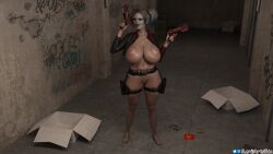 1girls 3d 3d_(artwork) 5_fingers antiheroine barefoot batman_(series) big_breasts blonde_female blonde_hair breasts busty cleavage curvaceous curvy curvy_figure dc dc_comics exposed_breasts eyebrows eyelashes eyes female female_only hair harley_quinn harley_quinn_(injustice) hips holding_gun holding_weapon hourglass_figure huge_breasts injustice_2 jacket large_areolae large_breasts legs light_skin lips naked nipples pigtails renilarts3dx solo thick thick_thighs thighs top_heavy twintails upper_body voluptuous wide_hips