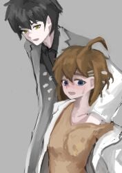 1boy1girl ayin_(lobotomy_corporation) black_hair blue_eyes blush breast_grab brown_hair hairclips hod_(lobotomy_corporation) labcoat lobotomy_corporation project_moon questionable_consent sweat tagme yellow_eyes