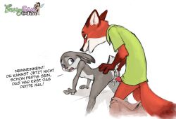 anus canine clothing cum dialogue disney edit fairysexhentalia female fox german_text judy_hopps lagomorph male mammal nick_wilde penis rabbit sex small_breasts speech_bubble text translated zootopia