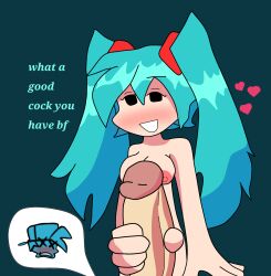 1boy 1girls bfl_(artist) boyfriend_(friday_night_funkin) brother_and_sister completely_nude female fnf_mods friday_night_funkin friday_night_funkin_mod hatsune_miku incest jerkingoff_another mob_face nipples penis smile very_long_hair vocaloid