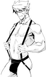 1boy belly_button black_and_white blood_blockade_battlefront bottomwear bow bowtie briefs bulge gay glasses hairless kekkai_sensen klaus_von_reinhertz looking_at_viewer male male_only mature mature_male monochrome muscular nipples serious shaved_pussy shirtless sketch solo suspenders topless underwear yaoi