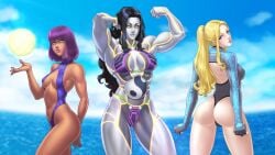 3girls ass back back_cutout bikini black_hair blonde_female blonde_hair blue_eyes blue_swimsuit bob_cut capcom cloud egyptian eyebrows eyelashes josef_axner kolin large_breasts lipstick long_hair looking_at_viewer looking_back menat muscular_female navel ocean one-piece_swimsuit ponytail purple_hair purple_swimsuit seth_(sfv) seth_(street_fighter) sky small_breasts street_fighter street_fighter_v teal_eyes thick_thighs volleyball yellow_eyes