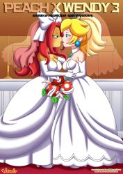 bbmbbf blonde_female bridal_gown bridal_veil bride_and_bride comic comic_cover koopaling mario_(series) nintendo palcomix peach_x_wendy_3_(comic) princess_peach super_mario_bros. super_mario_odyssey tagme wedding_peach_(super_mario_odyssey) wendy_o._koopa yuri