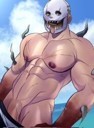 abs bara dead_by_daylight flaccid glowing_eyes grinning hooked_on_you llamasart male_focus male_only mask naked pecs tagme the_trapper underwear