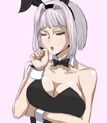 blush blushing bow bowtie bunny_ears bunnysuit cleavage closed_eyes embarrassed eyes_closed fake_animal_ears female hair_intakes leotard library_of_ruina lobotomy_corporation myo myo_(lobotomy_corporation) open_mouth project_moon rabbit_ears tagme white_hair wrist_cuffs