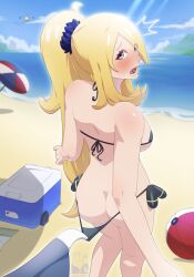 ass assisted_exposure back_view beach beach_ball beach_towel beach_umbrella bikini blonde_female breasts bubble_butt butt_crack cmdrghost cooler cynthia_(pokemon) garchomp looking_at_viewer looking_back pelipper pokemon pokemon_(species) shocked_expression swimsuit swimsuit_pull thong top_view wingull