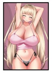 1girls akachan_nsfw areolae_peeking areolae_slip armpit arms_up bangs belly belly_button black_panties blonde_hair blush border bursting_breasts chartina_luitgard cleavage closed_eyes closed_mouth curvy eyebrows_visible_through_hair female female_only huge_breasts lace lace-trimmed_panties large_breasts long_hair motto!_haramase!_honoo_no_oppai_isekai_chou_ero_succubus_gakuen! navel no_bra panties pink_topwear ribbon simple_background standing stretching succubus thick_thighs topwear twintails upper_body voluptuous wide_hips