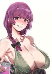 1girls armpit armpit_peek armpits big_breasts blush bocchi_the_rock! bow_(bhp) braid breasts drunk eye_contact female female_only hiroi_kikuri huge_breasts light-skinned_female light_skin looking_at_viewer purple_eyes purple_hair sharp_teeth smile solo upper_body