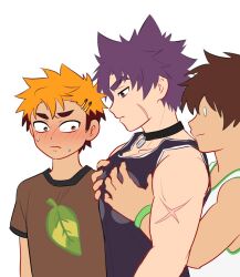 3boys blush camp_buddy hiro_akiba keitaro_nagame man_boobs muscular muscular_male purple_hair yoichi_yukimura