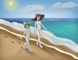 absurd_res anthro barefoot beach breasts casual_nudity clothing cloudscape digital_media_(artwork) duo ear_piercing ear_ring facial_piercing feet female fingers flat_chested genitals green_hair hair hat hat_only headgear headgear_only headwear headwear_only hi_res mammal melecia_(senzontova) mereleen_(senzontova) mostly_nude mouse murid murine navel navel_piercing nipples nose_piercing nude outside piercing pussy red_hair ring_piercing rodent sand sea seaside sibling sister sisters sky smile standing sun toes walking water white_body young yuhbuh