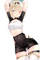 ;o arms_behind_back arms_up bike_shorts black_shorts blonde_hair blue_eyes blush breasts covered_navel female highres hololive hololive_japan holox kazama_iroha looking_at_viewer mashiro_inori medium_hair narrow_waist one_eye_closed sarashi shorts shrug_(clothing) simple_background skin_tight skindentation small_breasts solo stretching thigh_gap thigh_strap virtual_youtuber white_background wide_hips wide_ponytail