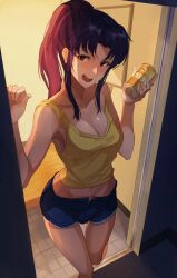 alcohol alcoholic alcoholic_beverage alcoholic_drink beer beer_can belly belly_button big_breasts blush breasts clothing drink drinks large_breasts mature mature_female milf misato_katsuragi nasubisamurai neon_genesis_evangelion older_female ponytail purple_hair short_jeans shorts tank_top thick thick_thighs thighs tummy