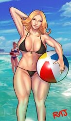 2girls anna_(street_fighter) arm_behind_head armpits beachball black_swimsuit blonde_hair blue_eyes blue_swimsuit breasts chromatic_aberration cleavage cloud eyebrows kolin large_breasts lips looking_at_viewer medium_hair muscular muscular_female navel ocean parted_lips rajangnsfw sky standing street_fighter street_fighter_v thick_thighs thighs ushanka