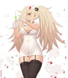 blonde_female blonde_hair breasts choker danganronpa female female_only garter_straps gloves hair_ornament holding_syringe junko_enoshima kuroonehalf large_breasts name_tag nurse nurse_cap nurse_uniform panties standing straight_hair syringe thighhighs twintails upskirt white_panties