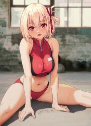 1girls clothed happymonk looking_at_viewer lycoris_recoil nishikigi_chisato on_ground short_hair sitting solar_(happymonk) solo sportswear sweat