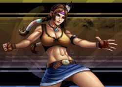 alluring athletic_female braided_hair cleavage feather_in_hair female_abs fingerless_gloves fit_female julia_chang large_breasts miniskirt namco native_american tekken triplexmile twin_braids twintails