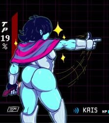 1boy armor ass back_view big_ass big_butt blue_hair blue_skin bored_expression bottomless bubble_ass bubble_butt deltarune deltarune_chapter_2 digital_media_(artwork) emotionless exposed_ass femboy gauntlets hair_covering_eyes hair_over_eyes hero hi_res highres kojoarts kris_(deltarune) male male_only naughtypaw_(artist) no_pants nonsexual pointing scarf solo sword tight_pants ttherandom tthrandom tthrandom_rp twink