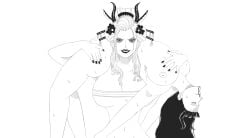 2girls beast_pirates black_and_white black_maria defeated_heroine demon_girl devil_robin dominant_female female female_only giantess horns huge_breasts is159753 nico_robin one_piece spider_girl wano_country white_background