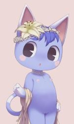 absurd_res accessory animal_crossing anthro black_eyes blue_body blue_fur blue_hair casual_nudity dipstick_ears dipstick_tail domestic_cat felid feline felis female flat_chest floral flower flower_accessory flower_crown flower_garland flower_hair_accessory flower_in_hair fur garland genitals gloves_(marking) hair hair_accessory head_wreath hi_res holding_object jewelry lace_choker mammal markings multicolored_ears multicolored_tail necklace nintendo nipples nude pac-man_eyes pink_nipples plant portrait pussy robo_(pixiv) rosie_(animal_crossing) rosy_cheeks simple_background small_nipples solo tail_markings tan_background teardrop_jewel three-quarter_portrait towel video_games