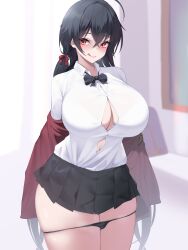 1girls 2022 absurd_res ahoge alternate_hairstyle azur_lane barely_contained black_hair black_panties blush bowtie breasts cleavage female female_only hi_res hips huge_breasts kuavera light-skinned_female light_skin long_hair looking_at_viewer naughty_face panties panties_down red_eyes school_uniform schoolgirl short_skirt skirt smile straining_buttons suggestive_look taihou_(azur_lane) taihou_(sweet_time_after_school)_(azur_lane) thick_thighs thighs twintails wide_hips