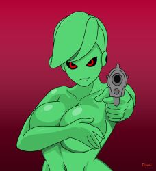 1girls big_breasts breasts diyunk dragon_ball dragon_ball_super dragon_ball_xenoverse dragon_ball_z edit esmeralda_demon female female_majin female_only green_skin looking_at_viewer majin monster_girl nude nude_female original_character red_eyes smile solo tagme weapon