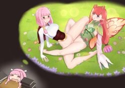 2girls bangs bare_legs bottomless breasts brown_eyes dream fairy fairy_wings female female_only fire_emblem fire_emblem_fates fire_emblem_heroes imagining legs long_hair long_sleeves medium_breasts medium_hair mirabilis_(fire_emblem) mitama_(fire_emblem) multiple_girls nintendo open_mouth pink_hair pointy_ears purple_eyes red_hair sleeping sleeptopi small_breasts star-shaped_pupils symbol-shaped_pupils tribadism twintails very_long_hair yuri