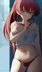 blush breasts buruma female female_only heterochromia hololive hololive_fantasy hololive_japan houshou_marine looking_at_viewer midriff navel nu_(naoyahirota61217010) ponytail red_hair see-through see-through_clothing shirt shushing smile sportswear standing sweat tied_shirt track_and_field virtual_youtuber wet_clothes yellow_eyes