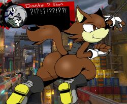 ?! anthro anthro_only ass ass_focus blank_eyes bottomless dante_d empty_eyes english english_text fang fingerless_gloves fox furry furry_only gloves grappling_hook mobian_(species) original_character photo_background sonic_(series) sonic_fan_characters sonic_forces sonic_oc sonic_the_hedgehog_(series) text weebusracoonus