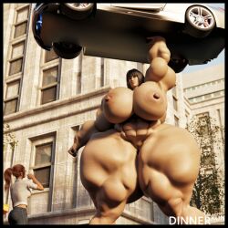 1:1 2girls 3d abs big_arms big_breasts big_muscles big_thighs black_hair bob_cut breasts car dinner-kun enormous_thighs female gigantic_thighs hair holding_car holding_vehicle huge_breasts huge_muscles large_breasts massive_thighs mini_giantess muscles muscular muscular_female muscular_thighs naked nude nude_female rosetta_autry size_difference smaller_female thick_thighs thunder_thighs vehicle watermark