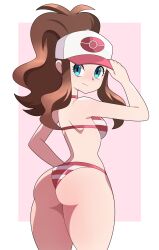 1girls 2022 abysswatchers ass back_view bikini blue_eyes breasts brown_hair commission female female_only hat hi_res hilda_(pokemon) large_ass long_hair long_ponytail looking_at_viewer medium_breasts nintendo pokemon pokemon_bw ponytail smile solo solo_female striped_bikini striped_panties white_hat