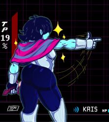 1boy armor ass back_view big_ass big_butt blue_hair blue_pants blue_skin bored_expression bubble_ass bubble_butt deltarune deltarune_chapter_2 digital_media_(artwork) emotionless gauntlets hair_covering_eyes hair_over_eyes hero hi_res highres kojoarts kris_(deltarune) male male_only naughtypaw_(artist) nonsexual pointing scarf solo sword tight_pants ttherandom tthrandom tthrandom_rp twink