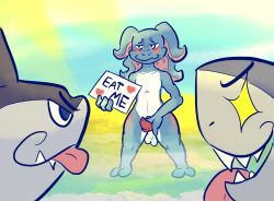 ambiguous_gender balls beach blush fennephilim_fox fish fizz_(lol) genitals glistening glistening_eyes group hi_res league_of_legends light male marine penis riot_games seaside shark sign sunlight teeth tongue tongue_out trio video_games water