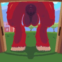 2d ambiguous_form animal_genitalia animal_penis apple balls barn big_macintosh_(mlp) cloud detailed_background equid equine equine_penis farm fence feral friendship_is_magic fur fur_tuft genitals grass hasbro hind_legs hooves loose_noose male male_only mammal medial_ring mountain my_little_pony orchard penis pixel_art plant red_body red_fur shadow sheath solo standing tree tuft window